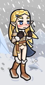 1girl blonde_hair blue_eyes blush boots bottomless cleft_of_venus coat female_focus footprints fur_trim gloves loli long_hair mountain nintendo no_panties no_pants outdoors pointy_ears princess_zelda pussy snow snowing solo the_legend_of_zelda the_legend_of_zelda:_breath_of_the_wild walking yoshikage_(k_hisagi)