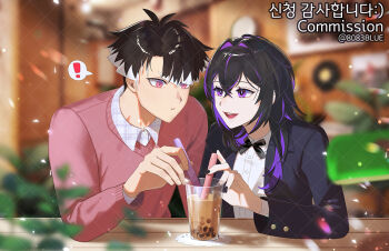 ! 1boy 1girl 8083_blue artist_name black_jacket black_ribbon blurry blurry_background bright_pupils bubble_tea buttons character_request closed_mouth collared_shirt commentary commission jacket kaijuu_no._8 long_sleeves narumi_gen pink_eyes pink_sweater purple_eyes ribbon shirt short_hair spoken_exclamation_mark sweater white_pupils white_shirt