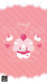 bow cake closed_mouth food fork fruit gen_6_pokemon heart highres looking_at_viewer meme_(sleepsheep) nintendo no_humans pink_bow pink_eyes pokemon pokemon_(creature) pokemon_focus red_eyes slurpuff smile strawberry tongue tongue_out