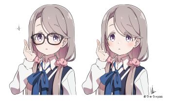 1girl :o absurdres blue_neckerchief blue_vest blush brown_eyes brown_hair collared_shirt commentary_request glasses hair_ornament hair_over_shoulder hair_scrunchie highres long_hair long_sleeves looking_at_viewer mono_(afro) multiple_views neckerchief open_mouth scrunchie shikishima_sakurako shirt sidelocks signature simple_background upper_body variant_set vest white_background white_shirt yas_(yosiyasuyasu)