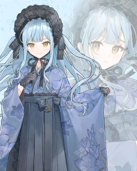 1girl bang_dream! bang_dream!_it's_mygo!!!!! black_bonnet black_gloves blue_hair blue_kimono blue_skirt bonnet closed_mouth commentary floral_print gloves hashtag-only_commentary highres japanese_clothes kimono long_hair rudrawong sidelocks skirt smile togawa_sakiko two_side_up zoom_layer