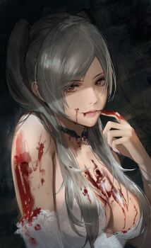 1girl alternate_costume bare_shoulders blood blood_on_clothes blood_on_face blood_on_hands breasts brown_eyes cleavage commentary detached_sleeves dress english_commentary female_robin_(fire_emblem) finger_to_mouth fire_emblem fire_emblem_awakening grey_hair highres j@ck lips long_hair looking_at_viewer medium_breasts nintendo pink_lips smile solo strapless strapless_dress twintails white_dress white_sleeves