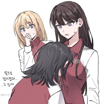 3girls akni bang_dream! bang_dream!_it's_mygo!!!!! between_breasts black_hair blonde_hair blush breasts chinese_commentary commentary_request hair_between_eyes head_between_breasts jacket korean_text long_hair long_sleeves medium_hair misumi_uika mole mole_under_eye multiple_girls purple_eyes red_jacket shiina_taki simple_background sweatdrop translation_request white_background white_sleeves yahata_umiri yuri zipper