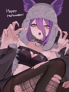 1girl alternate_costume animal_ears black_jacket black_pantyhose breasts chainsaw_man claw_pose cleavage collar fur-trimmed_jacket fur_trim green_eyes hair_between_eyes hat highres jacket long_hair_between_eyes medium_breasts namekuji1331 open_mouth pantyhose purple_hair reze_(chainsaw_man) solo spiked_collar spikes torn_clothes torn_pantyhose ushanka wolf_ears wolf_girl