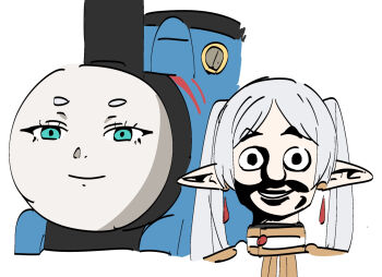 1boy 1girl aqua_eyes commentary crossover earrings elf faceswap floating_earrings frieren jewelry locomotive looking_at_viewer mechanization parted_bangs personification perutore pointy_ears sanpaku shaded_face simple_background smile sousou_no_frieren staring steam_locomotive teeth thomas_the_tank_engine thomas_the_tank_engine_(series) train twintails upper_teeth_only what white_background