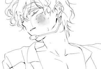 Rule 34 | 1boy, alien stage, beaten, bruise, bruise on face, commentary, crying, headset, injury, lineart, looking at viewer, lubya, luka (alien stage), male focus, microphone, parted lips, romaji commentary, short hair, solo, tears, tears from one eye