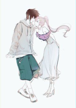 1boy 1girl alternate_costume arms_behind_back bare_shoulders blue_shorts breasts brown_hair commentary_request couple dress full_body grey_hoodie gundam gundam_seed hair_between_eyes hair_ornament hairclip hetero high_heels highres hood hoodie inhouhou kira_yamato lacus_clyne leaning_forward light_smile long_dress looking_at_another medium_breasts off-shoulder_dress off_shoulder pink_hair ponytail shoes short_hair shorts sneakers white_background white_shoes