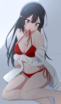 Rule 34 | #yukitannpo, absurdres, armpit crease, bare shoulders, bikini, black hair, blush, breasts, commentary request, grey eyes, highres, legs, long hair, love live!, love live! nijigasaki high school idol club, medium breasts, mouth hold, navel, red bikini, shiny skin, side-tie bikini bottom, sitting, sweat, swimsuit, thighs, yuki setsuna