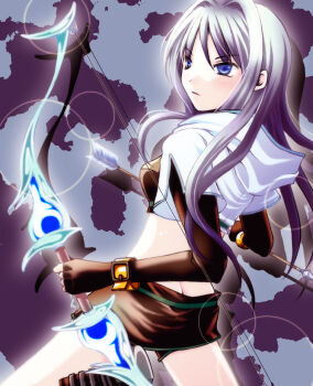 1girl 2000s_(style) arrow_(projectile) back blue_eyes blush bow_(weapon) brown_gloves brown_shirt brown_shorts brown_skirt butt_crack commentary_request cowboy_shot crop_top cropped_jacket elbow_gloves expressionless fingerless_gloves from_behind gloves grey_hair hachipocchi hair_intakes holding holding_arrow holding_bow_(weapon) holding_weapon hunter_(ragnarok_online) jacket long_hair looking_afar midriff miniskirt open_mouth purple_background quiver ragnarok_online shirt short_shorts short_sleeves shorts shorts_under_skirt skirt solo weapon white_jacket