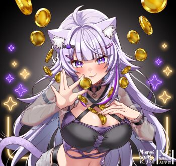 1girl ahoge alternate_hair_length_(longer) animal_ear_fluff animal_ears blush breasts cat_ears cat_girl cat_tail cleavage coin collarbone commentary_request crop_top gold_coin hair_ornament highres holding holding_coin hololive jacket large_breasts long_hair long_sleeves looking_at_viewer minnmibouya nekomata_okayu nekomata_okayu_(gyaru) official_alternate_costume official_alternate_hairstyle pantyhose parted_lips purple_eyes purple_hair purple_jacket purple_pantyhose short_shorts shorts solo tail torn_clothes torn_shorts two-sided_fabric two-sided_jacket very_long_hair virtual_youtuber white_shorts