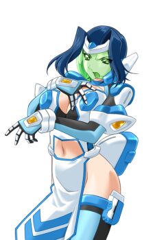 1girl armor blue_hair blue_thighhighs breasts center_opening cleavage clothing_cutout face_shield game_cg gan-chan_(artist) gloves green-tinted_eyewear green_eyes hair_intakes headgear hishidou_aiko hitozuma_sentai_aisaiger large_breasts large_variant_set looking_at_viewer magical_girl mecha_musume navel navel_cutout no_panties non-web_source official_art open_mouth pelvic_curtain saiger_iris short_hair solo thighhighs tinted_eyewear transparent_background variant_set