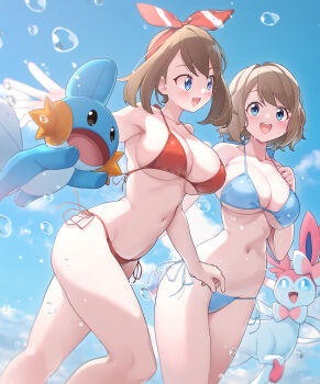 2girls absurdres arukiru bikini blue_bikini blue_eyes blue_sky blush bow bow_hairband breasts brown_hair bubble cloud commentary_request commission day feet_out_of_frame gen_3_pokemon gen_6_pokemon hairband hand_on_own_chest highres large_breasts looking_at_another may_(pokemon) mudkip multiple_girls navel nintendo open_mouth outdoors outstretched_arms pokemon pokemon_(creature) pokemon_oras pokemon_xy red_bikini red_bow red_hairband serena_(pokemon) short_hair side-tie_bikini_bottom skeb_commission sky smile standing string_bikini swimsuit sylveon