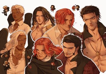 1girl 4boys abs aged_down beard black_hair black_wings boa_hancock braid cape chibi cloak coat commentary cross_pendant dracule_mihawk earrings epaulettes eye_contact facial_hair facial_tattoo figarland_shamrock heart highres hood hooded_cape jewelry king_(one_piece) kiss long_hair looking_at_another manofbeskar multiple_boys mustache one_piece ringed_eyes shanks_(one_piece) short_hair siblings sideburns sidelocks simple_background snake_earrings tattoo twins white_background white_hair wings yellow_eyes