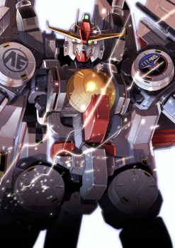 Rule 34 | commentary request, electricity, green eyes, gundam, gundam thunderbolt, highres, mecha, mecha focus, mobile suit, no humans, robot, sakura mizuki (artist), science fiction, solo, thunderbolt gundam, v-fin, weapon, weapon on back, white background