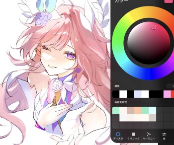 1girl cyrene_(honkai:_star_rail) cyrene_(ripples_of_past_reverie)_(honkai:_star_rail) diamond-shaped_pupils diamond_(shape) dress flower highres honkai:_star_rail honkai_(series) one_eye_closed pink_hair pointy_ears purple_eyes purple_flower purple_rose rose simple_background smile solo symbol-shaped_pupils upper_body white_background white_dress yayu_yyo430