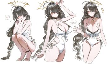 1girl :o arm_up bare_shoulders bikini black_bikini black_hair blue_archive blush braid breasts cleavage closed_mouth collar collarbone commentary_request criss-cross_halter cropped_legs embarrassed full_body hair_over_one_eye halo halterneck hand_up highres hinata_(blue_archive) hinata_(swimsuit)_(blue_archive) large_breasts layered_bikini legs long_hair looking_at_viewer lunifish multiple_views open_mouth red_eyes side-tie_bikini_bottom simple_background single_braid sleeveless solo squatting swimsuit thigh_gap thighs very_long_hair white_background white_bikini yellow_halo