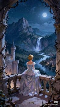 1girl back blonde_hair blue_dress cinderella_(disney_character) cinderella_(disney_movie) dress earrings elbow_gloves full_body gloves gown hair_bun hairband highres jewelry oilcanvasvibes princess short_hair solo