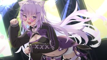 1girl absurdres animal_ears bent_over black_jacket black_shirt breasts cat_ears cat_girl cleavage cowboy_shot cropped_shirt heart heart-shaped_eyewear highres hololive jacket large_breasts long_hair navel nekomata_okayu paw_pose purple-tinted_eyewear purple_eyes purple_hair shirt shorts solo stage sunglasses taitan tinted_eyewear virtual_youtuber white_shorts