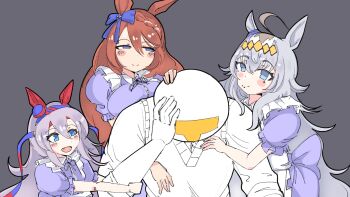 1boy 3girls alternate_costume animal_ears bald black_souls black_souls_2 blue_bow blue_eyes blush bow brown_hair closed_mouth colored_skin commentary dress ear_covers enmaided facepalm food food_on_face grey_background grey_hair hair_bow highres horse_ears horse_tail long_hair looking_at_another maid manny_mcmannington meme multiple_girls oguri_cap_(umamusume) purple_dress simple_background smile super_creek_(umamusume) sweater_vest t-head_trainer_(umamusume) tail tamamo_cross_(umamusume) trainer_(umamusume) umamusume upper_body where_is_alice_(meme) white_skin