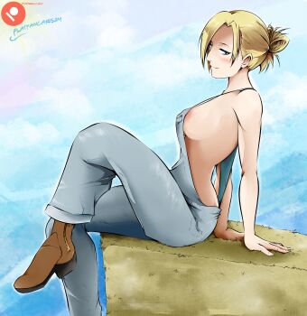 1girl absurdres alternate_costume annie_leonhart areola_slip blonde_hair boots breasts farm female_focus flatpancakesjim hair_bun highres looking_at_viewer medium_breasts naked_overalls nipples overalls patreon_username shingeki_no_kyojin short_hair simple_background sitting solo