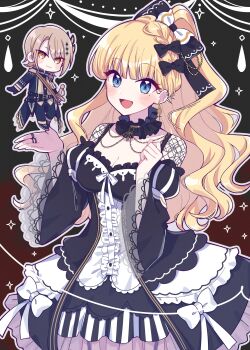 2girls :d absurdres artist_request black_background black_bow black_dress black_gloves black_jacket blonde_hair blue_eyes bow breasts center_frills chibi choker cleavage closed_mouth commission detached_sleeves dress earrings epaulettes frilled_choker frilled_dress frilled_sleeves frills gloves hair_bow hair_ornament hands_up hasumi_leia highres jacket jewelry long_hair long_sleeves looking_at_viewer mahou_shoujo_no_majo_saiban medium_breasts mini_person minigirl mole mole_under_eye multiple_girls open_mouth ribbon ring saeki_miria second-party_source short_hair smile white_ribbon yellow_eyes