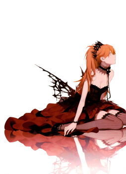 Rule 34 | 1girl, absurdres, ask (askzy), blue eyes, choker, crown, dress, highres, long hair, neon genesis evangelion, orange hair, red dress, reflection, sitting, socks, solo, souryuu asuka langley, wariza