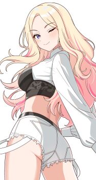 1girl ass blonde_hair breasts commentary gakuen_idolmaster highres idolmaster jacket juo_sena large_breasts long_hair long_sleeves looking_at_viewer looking_back multicolored_hair niban_(puka_0507) one_eye_closed pink_hair pink_streaks purple_eyes short_shorts shorts simple_background smile solo streaked_hair two-tone_hair white_background white_jacket white_shorts