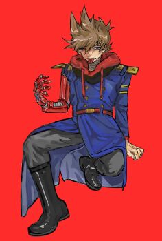 1boy absurdres animification bandaged_neck bandages belt black_boots black_sclera blue_coat boots brown_hair burn_scar buttons coat colored_sclera drawstring eddsworld future_tord_(eddsworld) grey_eyes grey_pants hair_ears heterochromia highres hood hood_down hoodie kuangzihaixing long_coat long_sleeves male_focus mechanical_arms mismatched_sclera pants red_background red_belt red_eyes red_hoodie scar scar_on_face short_hair simple_background single_mechanical_arm sitting solo tongue tongue_out tord_(eddsworld)