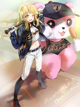 +_+ 2girls :3 :d ;d animal_costume bang_dream! bang_dream!_girls_band_party! baseball_bat baseball_cap baseball_uniform bear_costume black_hat black_jacket black_legwear blonde_hair boots clothes_writing commentary_request crop_top food gloves group_name hanwha_eagles hat holding holding_baseball_bat holding_bat holding_food jacket joypyonn logo long_hair long_sleeves mascot_costume michelle_(bang_dream!) midriff multiple_girls navel one_eye_closed open_mouth pants round_teeth shirt smile sportswear squatting standing sweatdrop teeth thigh_boots thighhighs tsurumaki_kokoro upper_teeth_only white_gloves white_pants white_shirt yellow_eyes