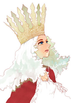 1girl black_clover blue_eyes cape crown expressionless eyelashes frilled_cape from_side highres lolopechka looking_up mameezu mole mole_under_mouth pink_lips pointed_crown queen red_cape solo upper_body veil white_veil