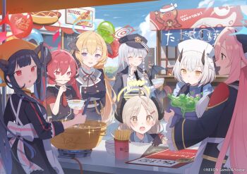 6+girls ahoge akari_(blue_archive) black_gloves blonde_hair blue_archive bowl brown_hair chopsticks commentary_request demon_horns drooling fuuka_(blue_archive) gloves grey_hair haruna_(blue_archive) hat highres holding holding_bowl holding_chopsticks horns izumi_(blue_archive) junko_(blue_archive) juri_(blue_archive) long_hair looking_at_viewer military_hat mouth_hold multiple_girls nuudoru official_art open_mouth outdoors parted_lips red_hair sena_(blue_archive) smile very_long_hair yellow_eyes