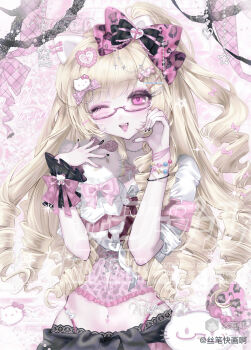 1girl absurdres agejo_gyaru animal_ears animal_print bead_bracelet beads blush bow bracelet cameo character_doll character_name charm_(object) commission cross cross_necklace doll eyeshadow fake_animal_ears fashion glasses gyaru hair_bow hair_ornament heart heart_hair_ornament hello_kitty hello_kitty_(character) highres holding holding_stuffed_toy jewelry leopard_print looking_at_viewer makeup midriff mihuashi_commission navel_piercing necklace one_eye_closed one_side_up original piercing pink-framed_eyewear pink_bow pink_eyeshadow pink_shirt print_shirt ringlets sanrio shirt si_bi_kuai_hua_a solo stuffed_animal stuffed_cat stuffed_toy too_many_watermarks watermark