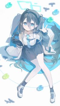 1girl absurdres ahoge aqua_halo aris_(blue_archive) black_hairband black_jacket black_skirt black_socks blue_archive blue_eyes blue_jacket blue_necktie blush breasts bright_pupils closed_mouth collared_shirt double-parted_bangs from_above full_body grey_hair grey_jacket hair_between_eyes hairband halo hand_up highres jacket jacket_partially_removed knees_together_feet_apart long_bangs long_hair long_hair_between_eyes long_sleeves looking_at_viewer making-of_available multicolored_jacket necktie off_shoulder one_side_up open_clothes open_hand open_jacket pleated_skirt psd_available puffy_long_sleeves puffy_sleeves rectangular_halo school_uniform shadow shirt shirt_tucked_in shoes single_sleeve_past_fingers sitting skirt small_breasts smile sneakers socks solo sparkle spread_fingers tie_clip two-sided_fabric two-sided_jacket very_long_hair white_background white_jacket white_pupils white_shirt white_shoes youmu_(tomgoku2)