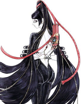 1girl arms_behind_back ass backless_bodysuit bayonetta bayonetta_(series) bayonetta_1 beehive_hairdo black_bodysuit black_hair bodysuit closed_mouth commentary cowboy_shot earrings eyeshadow glasses gun handgun highres holding holding_gun holding_weapon jewelry lipstick long_hair looking_ahead makeup mole mole_under_mouth profile purple_eyeshadow purple_lips semi-rimless_eyewear serinigalini simple_background solo standing trigger_discipline under-rim_eyewear very_long_hair weapon white_background