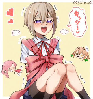 3girls :d artist_name bare_legs bike_shorts black_socks blush bound brown_hair chibi chibi_inset commentary_request hair_between_eyes hanazono_hahari heart heart_in_eye highres hiiro_(kiiro_ex) inda_karane kimi_no_koto_ga_dai_dai_dai_dai_daisuki_na_100-nin_no_kanojo masochism multiple_girls open_mouth purple_eyes ribbon ribbon_bondage round_teeth shirt short_hair short_sleeves simple_background sitting smile socks solo_focus sutou_iku symbol_in_eye teeth trembling twitter_username upper_teeth_only white_shirt yellow_background