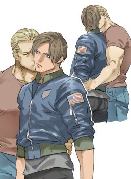 2boys bara black_pants blue_jacket blue_pants brown_shirt closed_eyes closed_mouth couple curtained_hair grey_shirt jack_krauser jacket kiss kissing_cheek leon_s._kennedy looking_at_another male_focus multiple_boys muscular muscular_male pants resident_evil resident_evil_4 resident_evil_4_(remake) shirt simple_background tatsumi_(psmhbpiuczn) white_background yaoi