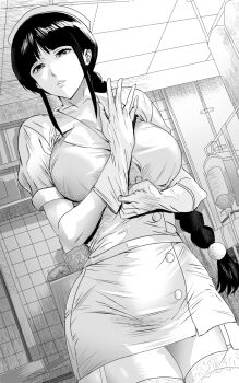 1girl alternate_costume bleach braid braided_ponytail breasts commentary_request daraz dress expressionless garter_straps glove_pull gloves greyscale highres indoors iv_stand kurotsuchi_nemu large_breasts long_hair looking_at_viewer monochrome nurse organs parted_lips pulling_own_clothes putting_on_gloves short_dress short_sleeves solo thighhighs very_long_hair