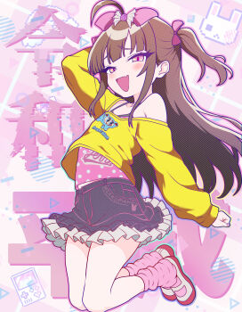 1girl :d absurdres ahoge animal_print bare_shoulders bow brown_hair commentary_request fang frills hair_between_eyes hair_ornament heisei_retro highres jamilsaga jojifuku leg_warmers long_hair long_sleeves looking_at_viewer mesugaki nail_polish open_mouth original pink_nails purple_bow rabbit_print skin_fang smile solo twintails