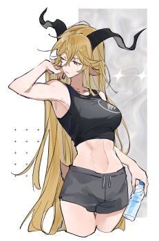 1girl absurdres animal_ears arknights bare_arms bare_shoulders black_horns black_sports_bra bottle brown_tail commentary crop_top cropped_legs curled_horns degenbrecher_(arknights) drink hair_between_eyes hair_lift half-closed_eye hand_in_own_hair highres holding holding_bottle holding_drink horns midriff one_eye_closed parted_lips short_tail sleeveless solo sports_bra standing sweat tail turning_head water_bottle yakota_(usuk-yako) yellow_eyes