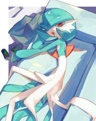 Rule 34 | alternate color, bags under eyes, blue hair, chikichi, colored skin, couch, creatures (company), dress, game freak, gardevoir, gen 3 pokemon, highres, looking at viewer, lying, monster energy, multicolored skin, nintendo, on couch, on side, orange eyes, pokemon, pokemon (creature), saliva, shiny pokemon, two-tone skin, white dress, white skin