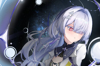 Rule 34 | 1girl, chinese commentary, colored eyelashes, commentary request, earrings, eyes visible through hair, hair intakes, hair ornament, hair over one eye, halo, jewelry, long hair, looking down, mornye (wuthering waves), parted lips, portrait, red eyes, richenjiuxiao, solo, triangle earrings, wuthering waves