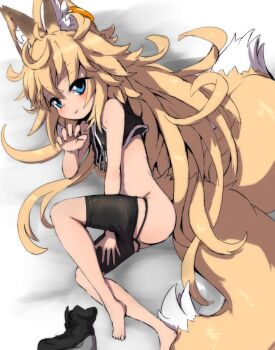 1girl ahoge animal_ear_fluff animal_ears ass barefoot bike_shorts black_boots black_panties black_shirt black_shorts blonde_hair blue_eyes boots claw_pose clothes_pull commentary crop_top earrings feet fox_ears fox_girl fox_tail highres jewelry kazekiri legs loli long_hair looking_at_viewer lying messy_hair multiple_tails on_side original panties panty_pull revision shirt shorts shorts_pull single_earring sleeveless sleeveless_shirt solo tail thighs toes underwear unworn_boots very_long_hair