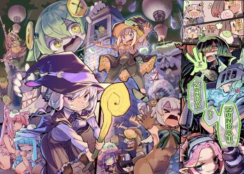 &gt;_&lt; 6+girls absurdres aircraft animal_ears antenna_hair bandages bare_shoulders bear_ears black_capelet black_cloak black_pantyhose black_skirt blonde_hair blue_eyes blue_fire blue_hair blunt_bangs bow bowtie braid brown_hair brown_shirt candy capelet castle cevio cloak colored_skin cosplay crazy_eyes crazy_smile crying demon_girl demon_horns dress drill_hand dullahan eel_hat empty_eyes evil_grin evil_smile fake_animal_ears fang fire fleeing floating flying_kick food food_in_mouth food_on_head fox_ears frankenstein&#039;s_monster frankenstein&#039;s_monster_(cosplay) frilled_skirt frills ghost giant giantess gloom_(expression) green_bow green_hair green_hairband green_skin green_sky grey_hair grimace grin hairband halloween halloween_costume hand_on_another&#039;s_shoulder hat highres holding holding_bandages holding_ghost holding_sword holding_weapon horns hot_air_balloon kemonomimi_mode kicking kizuna_akari kneeling knight koharu_rikka kotonoha_akane kotonoha_aoi light_green_hair light_purple_hair lollipop long_hair looking_at_another low_twintails mage_staff magic midair motion_blur multiple_girls mummy_costume object_on_head object_through_head open_mouth orange_shirt otomachi_una outstretched_arms over_shoulder panels pantyhose pea_pod pink_dress pink_eyes pink_hair pointy_ears puffy_short_sleeves puffy_sleeves purple_hair purple_shirt red_eyes satou_sasara school_hat screw_in_head shikoku_metan shirt short_hair_with_long_locks short_sleeves short_twintails sidelocks sideways_glance siwasunohige skin_fang skirt sky sleeveless sleeveless_shirt slit_pupils smile spread_arms staff sweat sweatdrop sword sword_over_shoulder synthesizer_v tearing_up touhoku_itako touhoku_kiritan touhoku_zunko town tsukuyomi_ai tsurumaki_maki twin_braids twintails two-handed utau v v-shaped_eyebrows very_long_hair vocaloid voiceroid voicevox wall-eyed weapon weapon_over_shoulder white_hair witch witch_hat yellow_eyes yuzuki_yukari zunda_mochi zundamon