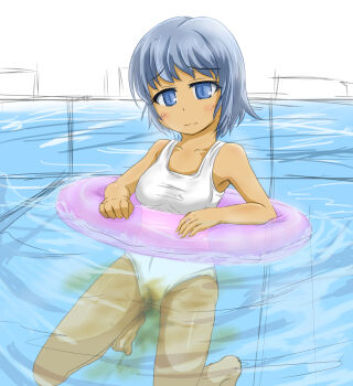 1girl barefoot blue_eyes blue_hair blush breasts collarbone dark_skin embarrassed female_focus innertube looking_at_viewer medium_breasts one-piece_swimsuit partially_submerged pee peeing peeing_self peeing_underwater pool short_hair solo swim_ring swimsuit water white_one-piece_swimsuit yamanashi_(pixiv_6620614)