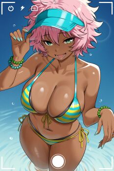 1girl absurdres aqua_nails bead_bracelet beads bikini bracelet breasts character_request cleavage collarbone copyright_request dark-skinned_female dark_skin fake_phone_screenshot fake_screenshot front-tie_bikini_top front-tie_top green_eyes highres jewelry large_breasts looking_at_viewer nail_polish navel open_mouth pink_hair scrapy short_hair side-tie_bikini_bottom solo stomach swimsuit visor_cap wading