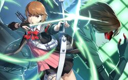 1boy 1girl archery archery_shooting_glove armband arrow_(projectile) black_coat black_gloves black_jacket black_skirt bow bow_(weapon) bowtie brown_eyes brown_hair cardigan choker coat collared_shirt cowboy_shot earrings flipped_hair gekkoukan_high_school_uniform gloves heart heart_choker holding holding_arrow holding_bow_(weapon) holding_weapon holster in-franchise_crossover jacket jewelry kamishiro_nagisa loose_bowtie miniskirt non-web_source official_art open_clothes open_jacket open_mouth parted_lips partially_fingerless_gloves persona persona_3 persona_3_reload persona_5 persona_5:_the_phantom_x pink_cardigan pleated_skirt profile quiver red-tinted_eyewear red_armband red_bow red_bowtie ribbed_cardigan s.e.e.s school_uniform shirt short_hair single_glove skirt stud_earrings swept_bangs takeba_yukari thigh_holster tinted_eyewear upper_body weapon white_choker white_shirt wonder_(p5x)
