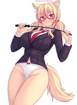 1girl animal_ear_fluff animal_ears blonde_hair bow bow_panties breasts cat_ears cat_girl cat_tail fang glasses highres jacket large_breasts long_hair looking_at_viewer multicolored_hair necktie no_pants nottytiffy office_lady original panties patreon_username red_eyes red_hair red_necktie semi-rimless_eyewear slit_pupils solo streaked_hair suit_jacket tail tiffy_(nottytiffy) twintails two-tone_hair under-rim_eyewear underwear whip white_panties