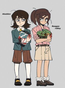 1boy 1girl abaddon_(haunted_hotel) abaddon_(human)_(haunted_hotel) aged_down black_eyes blender_(object) blood blood_on_clothes blood_on_hands blue_coat blue_eyes brown_hair child coat crossover grey_background haunted_hotel highres holding holding_toy inside_job insidej043 looking_at_another pigeon-toed pink_shirt ponytail reagan_ridley shirt shorts simple_background toy