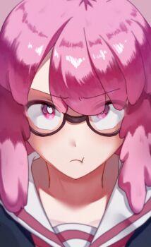 >:( 1girl :t angry black-framed_eyewear blue_shirt boku_no_hero_academia close-up closed_mouth collar collared_shirt commentary dot_nose glasses haneyama_kazuho highres looking_at_viewer pink_background pink_eyes pink_hair pout sailor_collar school_uniform shirt simple_background symbol-only_commentary v-shaped_eyebrows vigilante_-boku_no_hero_academia:_illegals- white_collar white_sailor_collar