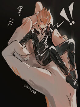 ! !! !? 1boy ? absurdres annoyed arm_out_of_frame black_background black_coat black_pants black_shoes blush cerakuro coat facing_to_the_side fur-trimmed_coat fur_trim grey_eyes hair_slicked_back highres holding holding_mini_person knees_up looking_to_the_side male_focus mini_person orange_hair pants shoes sitting size_difference vector_(yu-gi-oh!) yu-gi-oh! yu-gi-oh!_zexal